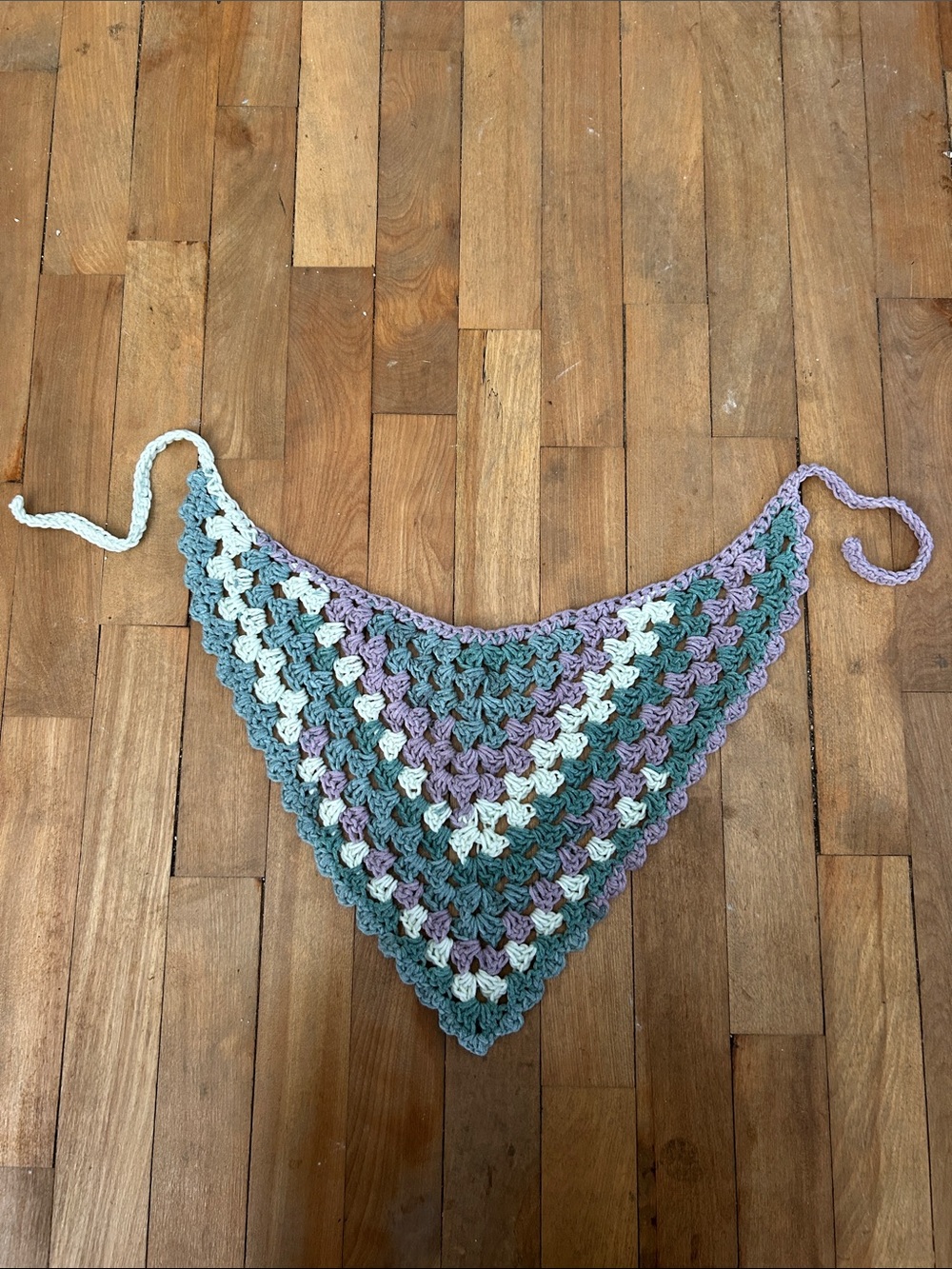 Handmade Crochet Triangle Scarf in Lavender, Teal & Cream